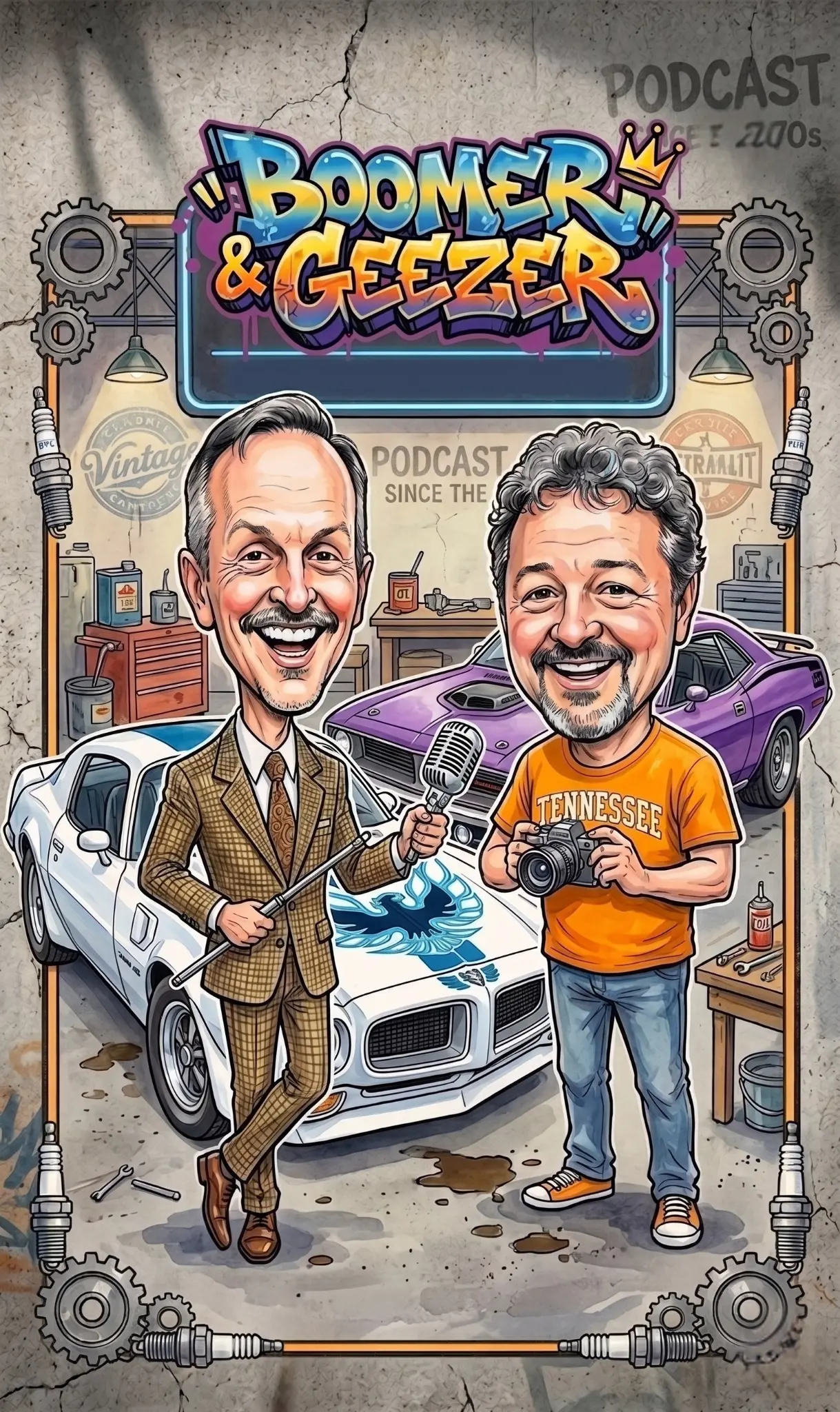 Boomer and Geezer in a vintage garage with classic muscle cars