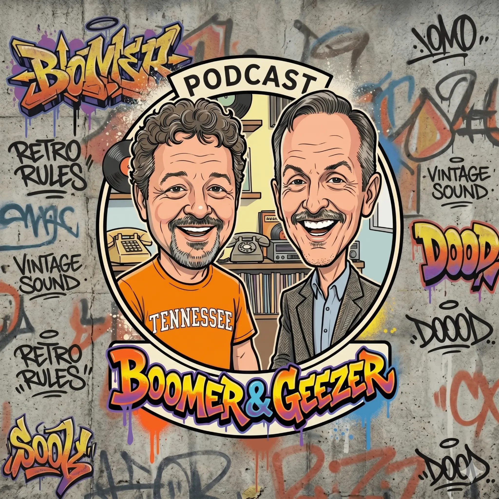 Boomer and Geezer Podcast cover art — two hosts on a graffiti wall