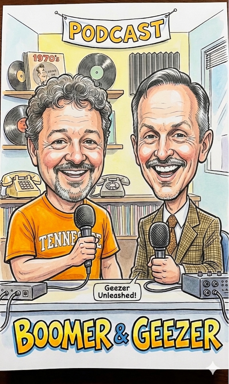 Boomer and Geezer hosts in a retro studio holding microphones